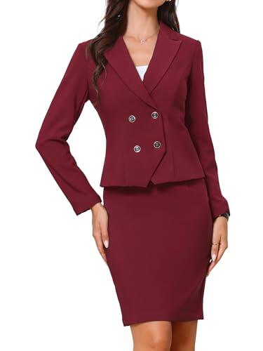 Allegra K Mujer Conjunto de Traje de 2 Piezas de Negocios de Manga Larga con Solapa con Muesca Falda Formal de Oficina Borgoña XL