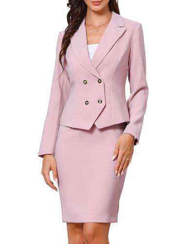 Allegra K Mujer Conjunto de Traje de 2 Piezas de Negocios de Manga Larga con Solapa con Muesca Falda Formal de Oficina Rosa M