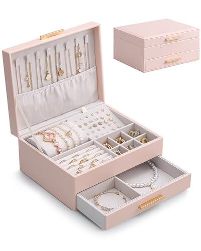 Lolalet Caja para Joyas de Doble Capa, Estuche Joyero Organizador para Joyería Collares Anillos Aretes Pulseras Relojes Regalo Ideal para Mujer -Rosa
