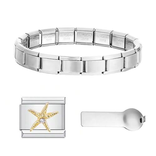 Kit de inicio 3-en-1 para pulsera de charm italiano, pulsera de acero inoxidable dorado 9mm con charms y herramienta de extracción, compatible con charms italianos (DAD)