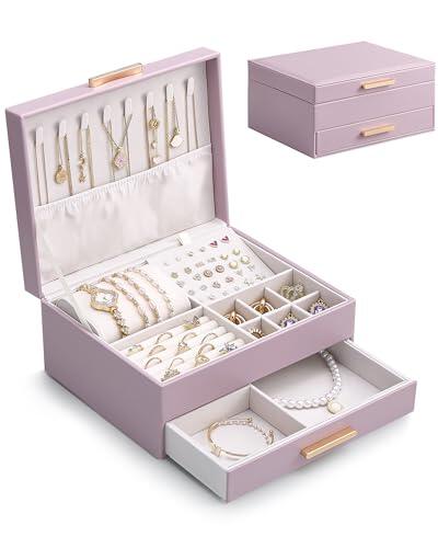 Lolalet Caja para Joyas de Doble Capa, Estuche Joyero Organizador para Joyería Collares Anillos Aretes Pulseras Relojes Regalo Ideal para Mujer -Morado