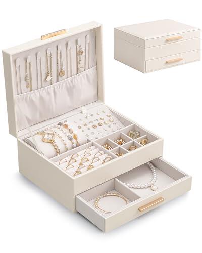Lolalet Caja para Joyas de Doble Capa, Estuche Joyero Organizador para Joyería Collares Anillos Aretes Pulseras Relojes Regalo Ideal para Mujer -Blanco