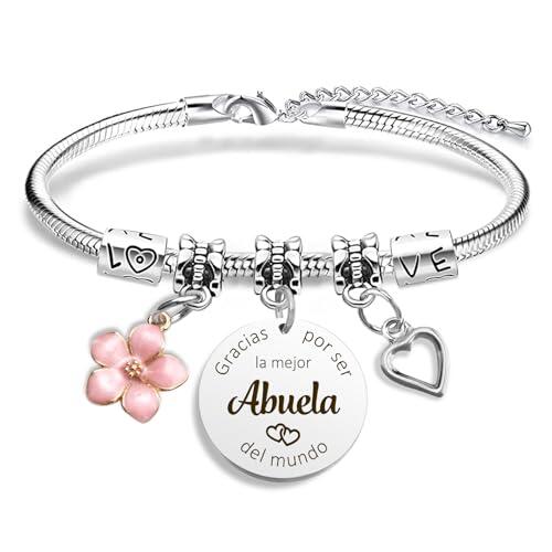 RRIGETEN Regalo Abuela Pulsera Llavero Plateada Bohemio con Cierre de Pinza de Langosta, Regalo Ideal para Abuelas en Ocasiones Especiales