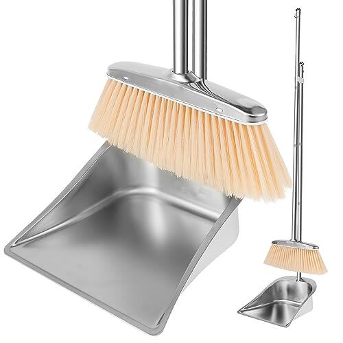 Harupink Juego de escoba y recogedor con mango largo de acero inoxidable de 118 cm, escoba vertical con pala, escoba con recogedor para uso en el hogar, cocina, habitación, oficina y suelo del