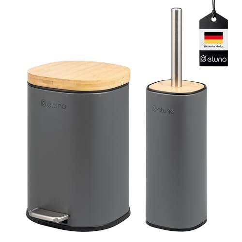 eluno Juego de accesorios de baño Framura, 2 piezas, compuesto por 1 cubo cosmético con tapa de cierre suave y 5 litros de capacidad y 1 juego de inodoro, de metal con tapa de bambú (gris)