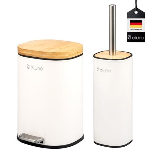 eluno Juego de accesorios de baño Framura, 2 piezas, compuesto por 1 cubo cosmético con tapa de cierre suave y 5 litros de capacidad y 1 juego de inodoro, de metal con tapa de bambú (blanco)