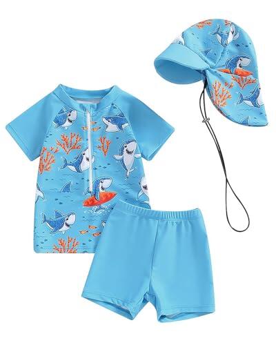 JiAmy Traje de Baño para Bebé Niño con Sombrero Solar 3PCS Camiseta de Protección con Cremallera de Manga Corta Traje de Natación para Bebé Lactante, azul, 18 meses