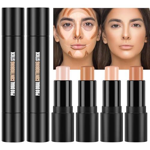 LOPHE Contour Stick Iluminador, 2 Piezas Barra de Contorno Dual-Ended, Iluminador y Bronceador en Crema, Makeup Cream Contour Stick Set para Countoring Maquillaje y Contorno Facia Natural (4 Colores)