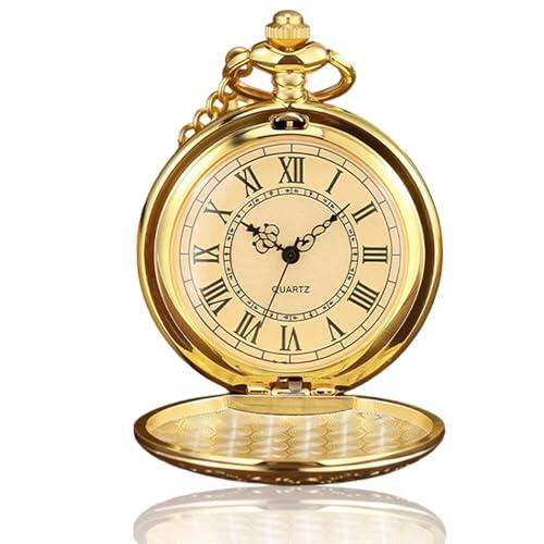 Litinliv Reloj de Bolsillo, Reloj de Bolsillo Hombre con Cadena, Relojes de Cadena Antigua Dorada con Números Romanos, Vintage Relojes para Mujeres, Hombres, Día del Padre, Aniversario - Dorado