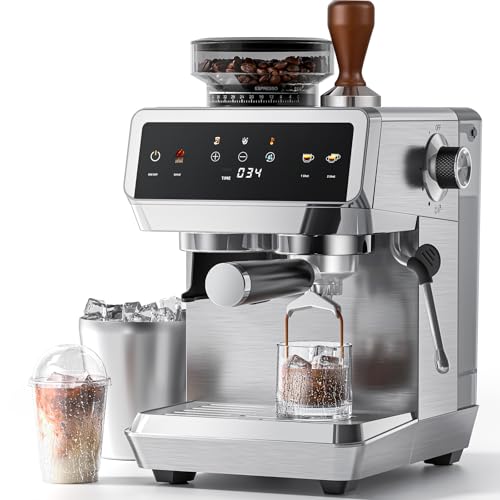 AMZCHEF Cafetera Espresso con Molinillo Integrado 20 Bares – Máquina de Café con 44 Ajustes de Molienda，Vaporizador de Leche, 4 Temperaturas, Función Café Frío, Acero Inoxidable, Depósito 1.8L