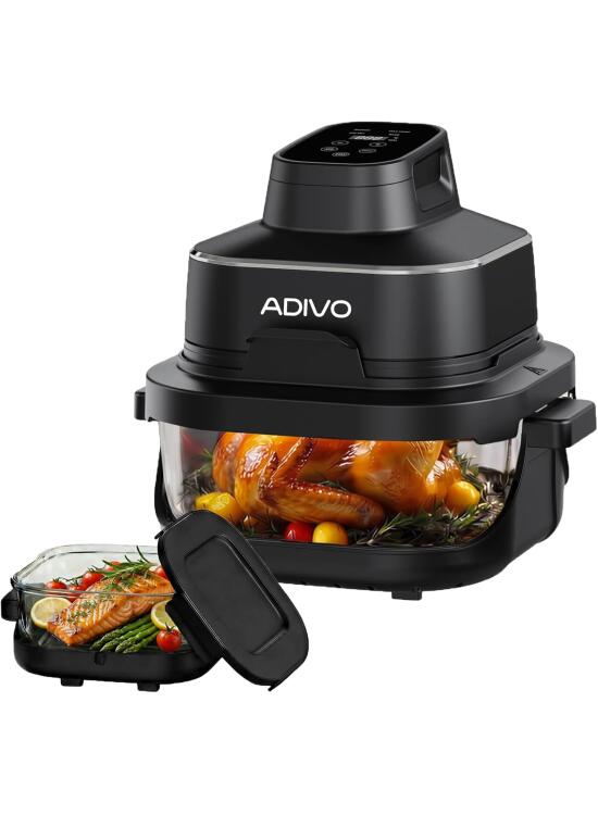 ADIVO Freidora de Aire Vidrio 4L/1.5L,1500W,Tazón de Vidrio Visual,Doble Capacidad,4 Modos, Sin Aceite ni Recubrimiento,Apta para Lavavajillas,Portátil para Camping/Oficina,Cocina Sana y Rápida