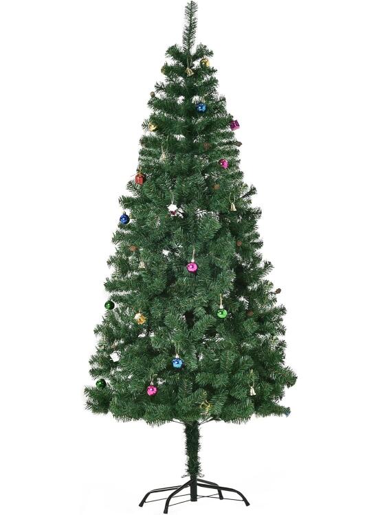 HOMCOM Árbol de Navidad Artificial 180cm Pino Realista con 48 Adornos Decorativos y Soporte Metálico para Decoración Navidad Color Verde