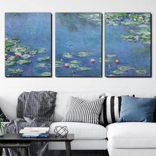 Cuadro de lienzo enmarcado de 3 paneles, Nenúfares 1906 de Claude Monet, lámina artística, póster, imágenes modernas, decoración para el hogar 60x85cm/24x34inx3marco interior