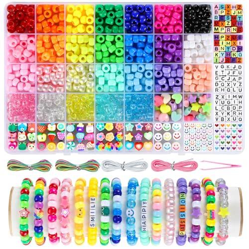Funtopia Kit 1042 uds Cuentas Pony 26 Colores para Pulseras, Abalorios Letras y Dijes Arcilla Polimérica, Set Bisutería DIY con 4 Rollos Hilo y Pinzas, Manualidades para Niños y Adultos