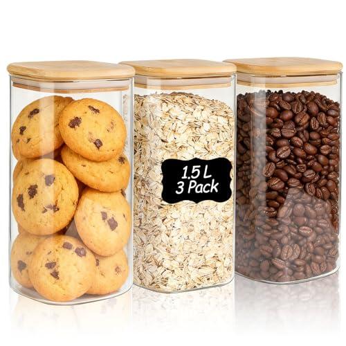 ComSaf Tarros de Cristal con Tapa, Frascos de Vidrio con Tapa, 1500 ml, Set de 3 Piezas, Adecuado para Galletas Grandes, Pan Tostado para Repostería, Sales de Baño