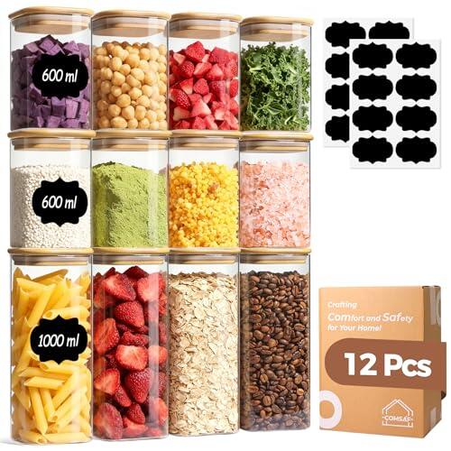 ComSaf Tarros de Cristal con Tapa, Frascos de Vidrio con Tapa, 600-1000 ml, Set de 12 Piezas, Adecuado para Anacardos, Queso Seco, Trozos de Anacardo