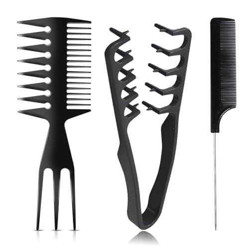 VEOIRXU 3 Piezas Peines de Peluquería Peine Texturizador + Peine de Dientes Anchos + Peines de Cola Peine Antiestático Herramienta de Peinado para Mujer Hombre Diferentes Tipos Pelos