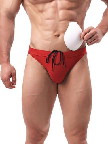 Summer Code Bañador Hombre Slip Ropa de Baño Transpirable con Relleno Extraíble Bañador de Natación Secado Rápido para Playa y Piscina, Rojo, S