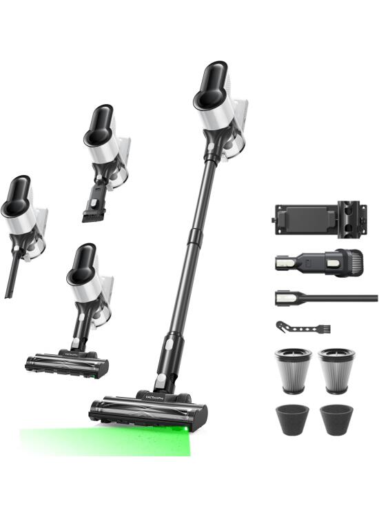 550W/50Min/50KPA Aspiradora sin Cable F02 Lite, Escoba Aspirador sin Cable con Filtración de 8 Capas, Aspirador Vertical per Pavimenti/Tappeti/Peli, Aspirador sin Cable, Negro Y Blanco