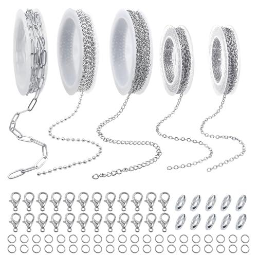 TOAOB 10m 5 Rollos Cadenas Hacer Joyas de Acero Inoxidable Cadena de Eslabones Plateado con Anillos de Salto y Mosquetón Cierres de Cadena de Bolas para Accesorios DIY Hacer Joyas