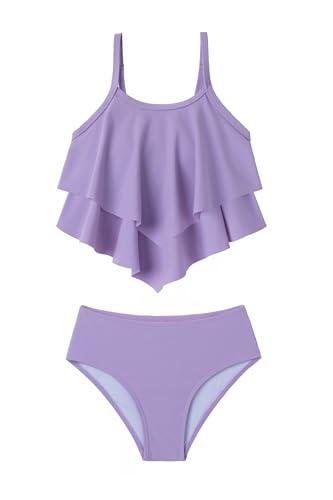 Arshiner Niñas Dos Piezas Traje de Baño con Volantes Niños Verano Conjuntos de Bikini Ajustables Tankini Bikini Set para Niñas 11-12 Años Morado