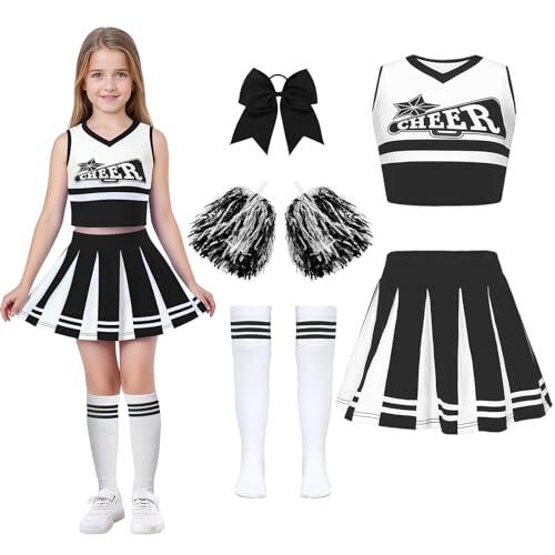 Luckyou Vestido de animadora para niña, disfraz de animadora con pompones, calcetines, vestido de carnaval para niña, para Halloween, día deportivo, negro-170