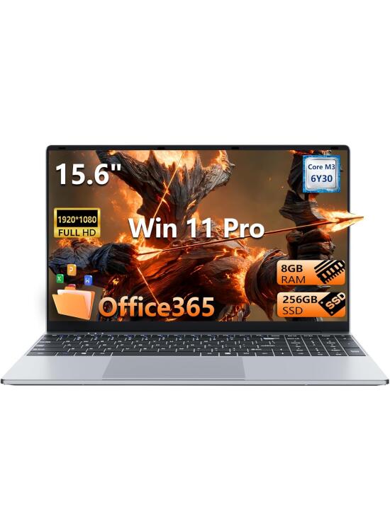 Ordenador Portáti 15,6 Pulgadas, PC Portátil Win 11 8GB RAM 256GB SSD, Laptop con Core M3 6Y30 Procesador, Computadora Portatil Delgada Pantalla FHD abatible de 180° Mini-HDMI 2*USB3.0 WiFi5 BT4.2