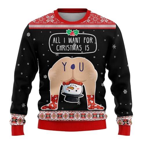 Generisch Suéter navideño feo para hombre, suéter navideño de punto, cuello redondo, manga larga, fiesta de Navidad, suéter divertido para hombres, Negro , L