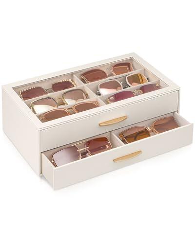 Lolalet Organizador Gafas de Sol para Mujer, Estuche de PU con Tapa Transparente y 2 Niveles, Capacidad para 12 Gafas -Cream