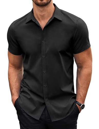 COOFANDY Camisa Hombre Manga Corta Corte Regular Short Sleeve Shirts Casual Business Camisa Verano con Botones Camisas de Vestir Negro L