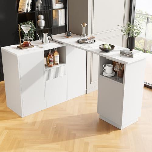 SUKY Mesa de bar giratoria 360°, diseño moderno y sencillo, con espacio de almacenamiento abierto y encimera de mármol, isla de almacenamiento multifuncional, cuerpo principal 210 x 30 x 100,9 cm