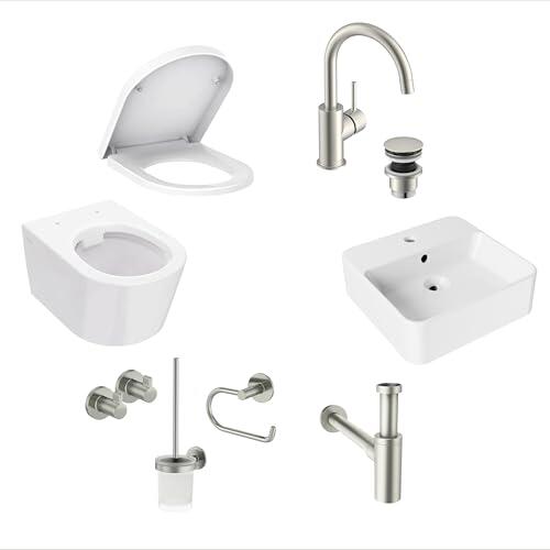 Lenz Set de baño de invitados PERFECT Fit 8 piezas acero inoxidable – WC de pared con asiento de descenso automático, lavabo, grifería económica, sifón y juego de accesorios de baño, 41050011