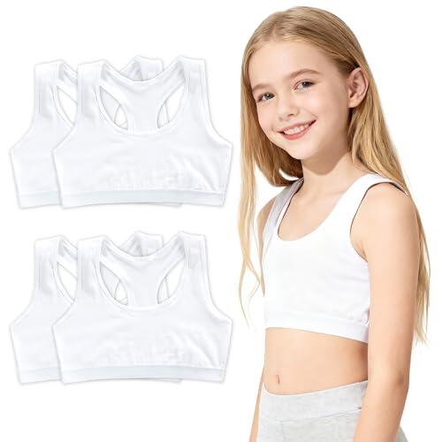 CATMEYE Pack de 4 Sujetadores Deportivos para Niñas, Bralette Suave de Algodón-Spandex Sin Aro, Crop Tops Cómodos para Adolescentes de 8 a 14 Años (Blanco)