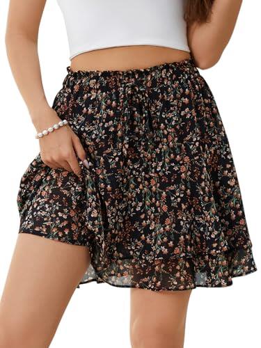 Aisprts Falda Estiva para Mujer con Flores, Falda Mini con Cintura Elástica y Cordón, Volantes en Capas, Ligera y Transpirable con Forro Antitransparente, Negro + Estampado Floral, L