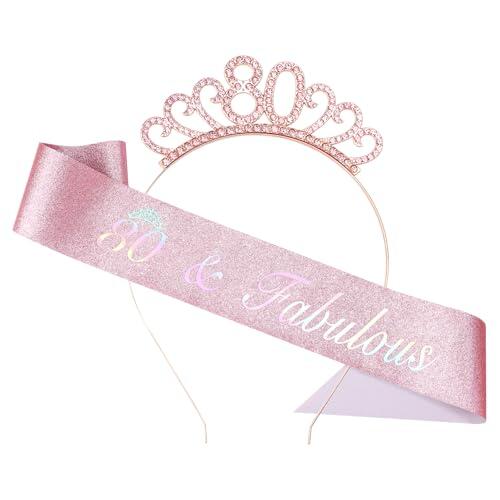 80 Años Cumpleaños Mujer Corona Sash Kit, Sash Corona Cumpleaños Decoracion, Accesorios para el Pelo y Faja para 80 Años Chicas Mujeres (Oro Rosa)