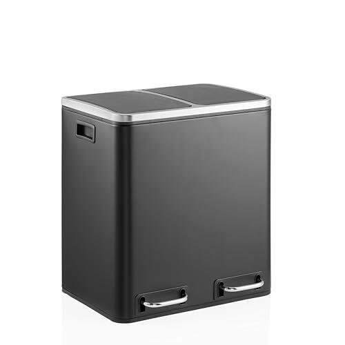 hjh OFFICE Cubo de basura 2x15L CLEAN IX Sistema de separación de residuos con 2 compartimentos, cubo de basura con pedal, con cierre suave, metal, negro