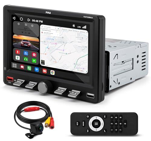 Pyle Radio 1 DIN con CarPlay inalámbrico y Android Auto, Pantalla táctil, Bluetooth, Cámara de reversa con micrófono, USB Carga rápida, 17.8 cm