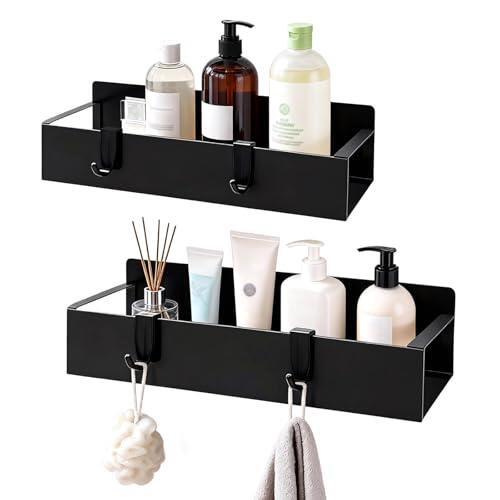 Valyrane 2 Piezas Estante de Ducha sin taladrar, Negro, Estante de Almacenamiento de baño Inoxidable, Estante para champú y Gel de Ducha, Cesta de Ducha de Metal Negro Mate, con 4 Ganchos