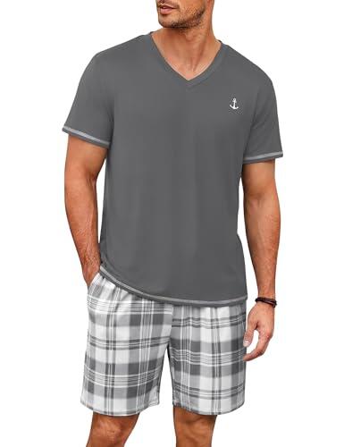 Marvmys Pijamas Hombre Corto Verano Ropa de Dormir de Algodón Conjunto V Cuello Tops Manga Corta Pantalones Cortos de Cuadros con Bolsillo 2 Piezas S-3XL