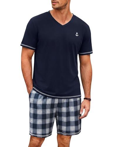 Marvmys Pijamas Hombre Corto Verano Ropa de Dormir de Algodón Conjunto V Cuello Tops Manga Corta Pantalones Cortos de Cuadros con Bolsillo 2 Piezas S-3XL