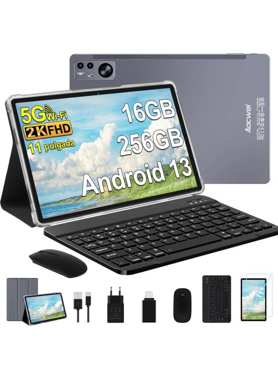 Tableta Android 13, 11 Pulgadas, 16 + 256 GB, Bluetooth 5.0, 2.4 / 5G WiFi, ratón + Teclado + Funda de Cuero, Gris