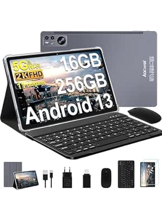 Tablet 11 Pulgadas 2K Android 13 Tablet 16GB RAM+256GB ROM (TF 512GB)|8600 mAh|5MP+13MP+2MP| 2000 * 1200pixels |Bluetooth 5.0 |5G+2.4G WiFi |Octa-Core|con Teclado + Ratón+Funda,Gris