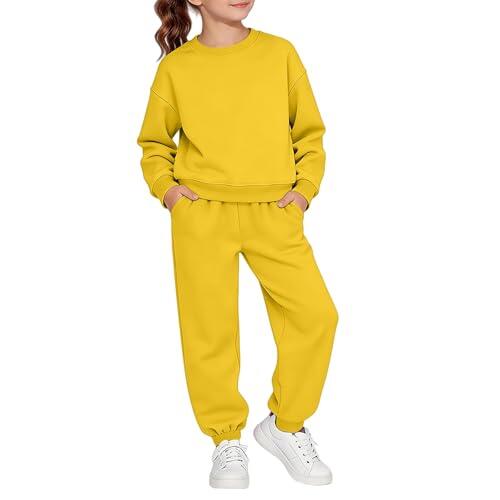 Conjunto de chándal clásico para niños y niñas, con cuello redondo, sudadera larga de invierno, 2 piezas, ropa deportiva, amarillo, 7-8 años