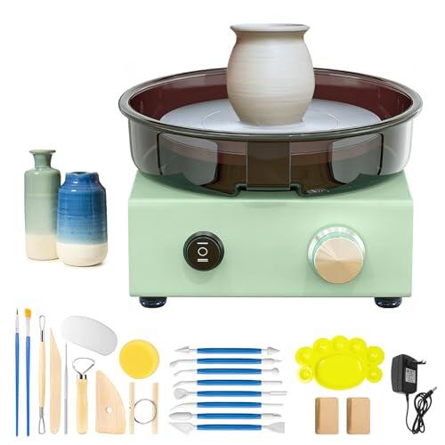 TECKZOON Mini Torno de Alfarero con Plato Giratorio Doble Cara de 15 cm, Estructura Metálica, Protector Antisalpicaduras Extraíble y Juego de Herramientas, Máquina de Cerámica para Niños y Adultos