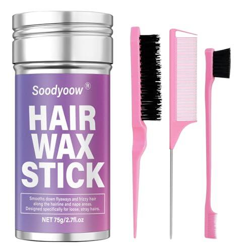 Soodyoow 75g Cera Pelo Mujer, Cera para el Pelo en Barra con 3 Peines Rosados, Set de 4 Piezas para Peinado No Graso, Larga Duración Anti Frizz para Cabello Rebelde y Encrespado