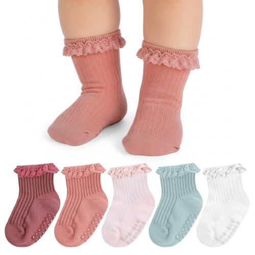 HekouJiub 5 pares de calcetines antideslizantes de algodón con volantes para niñas de 0 a 12 meses (blanco, rosa, melocotón, morado, verde)