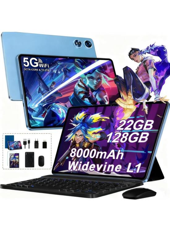 Tablet Android - Octa-Core 2.0GHz｜22GB RAM + 128GB ROM（Expandible 2TB ）｜8000mAh｜5G WiFi /Bluetooth 5.0｜Cámara Dual｜GMS Certificación Widevine L1｜5MP + 8MP｜Tablet 10 Pulgadas con Teclado y Raton - Azul