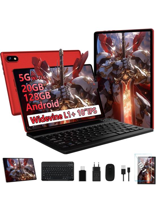 Tablet Android Tablet 10 Pulgadas con Octa-Core, 20GB RAM + 128GB ROM (2TB TF), Widevine L1, 5G WiFi, Bluetooth 5.0, 5MP + 8MP, Facciale ID, 1280 * 800 FHD IPS, GMS Certificación, Teclado y Raton, Red