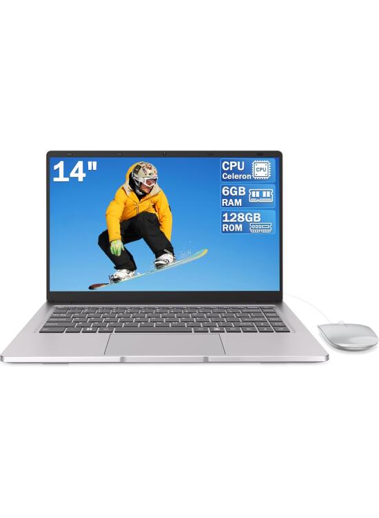 Ordenador portátil 14 pulgadas Dual-Core hasta 2,6 GHz • 6 GB RAM • 128 GB SSD • UHD portatil • WiFi 5G • Mini-HDMI • Teclado membrana • Diseño sin ventilador • Color plateado • Ratón incluido