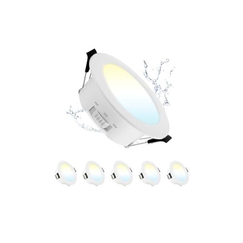 Grebeam 5W Ojo de buey led para techo, 3000K/4000K/6000K Blanco Cálido/Neutro/Frío, Downlight LED Techo Empotrable IP44 para Baño Ø65-75mm Agujero, Pack de 5
